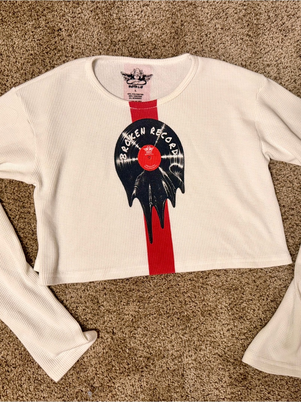Boys Lie White Waffle-Knit Crop Top with Red Stripe & Black Record Graphic